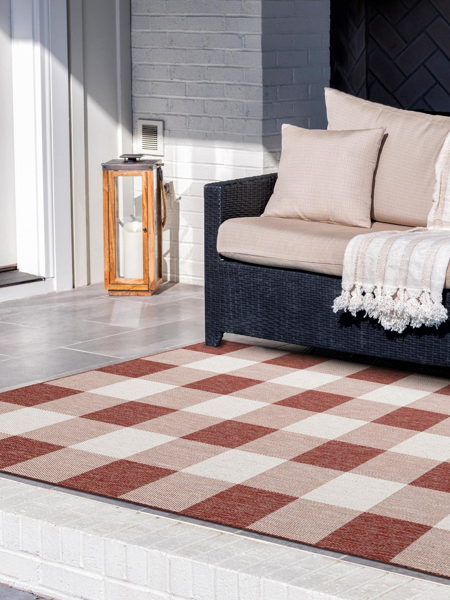 Red 9' x 12' Outdoor Checkered Rectangle Area Rug Weather Resistant for Patio, Deck, Terrace, Balcony, Porch 100% Polypropylene Geometric Carpet for Sale at Rug Engine