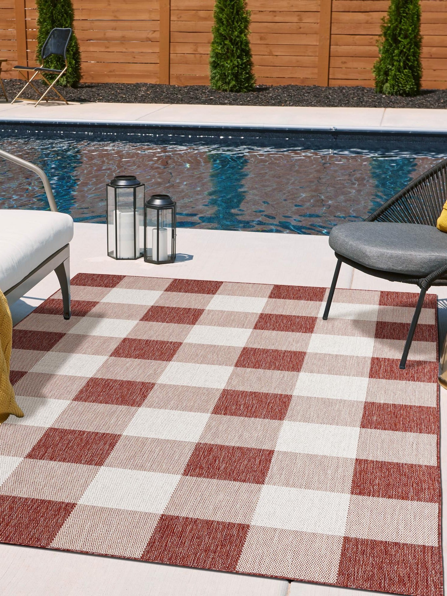 Red 4' 1 x 6' 1 Outdoor Checkered Rectangle Area Rug Weather Resistant for Patio, Deck, Terrace, Balcony, Porch 100% Polypropylene Geometric Carpet for Sale at Rug Engine
