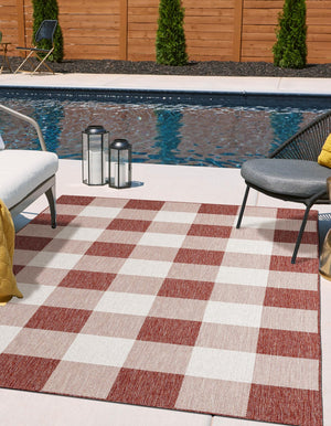 Red 6' 1 x 9' Outdoor Checkered Rectangle Area Rug Weather Resistant for Patio, Deck, Terrace, Balcony, Porch 100% Polypropylene Geometric Carpet for Sale at Rug Engine