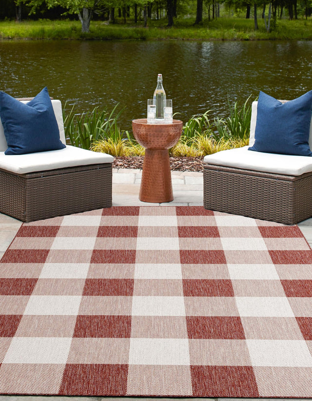 Red 4' 1 x 6' 1 Outdoor Checkered Rectangle Area Rug Weather Resistant for Patio, Deck, Terrace, Balcony, Porch 100% Polypropylene Geometric Carpet for Sale at Rug Engine