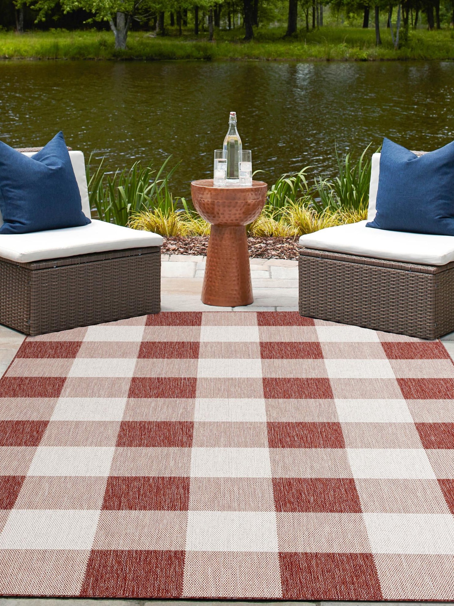Red 9' x 12' Outdoor Checkered Rectangle Area Rug Weather Resistant for Patio, Deck, Terrace, Balcony, Porch 100% Polypropylene Geometric Carpet for Sale at Rug Engine