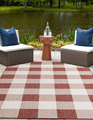 Red 7' 10 x 10' Outdoor Checkered Rectangle Area Rug Weather Resistant for Patio, Deck, Terrace, Balcony, Porch 100% Polypropylene Geometric Carpet for Sale at Rug Engine