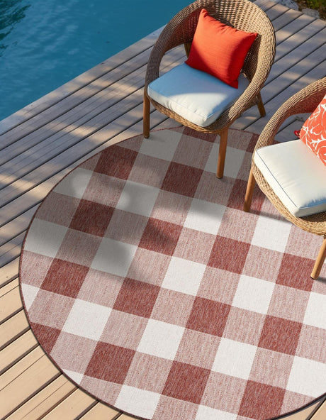 Red 6' 1 x 6' 1 Outdoor Checkered Round Area Rug Weather Resistant for Patio, Deck, Terrace, Balcony, Porch 100% Polypropylene Geometric Carpet for Sale at Rug Engine