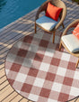 Red 6' 1 x 6' 1 Outdoor Checkered Round Area Rug Weather Resistant for Patio, Deck, Terrace, Balcony, Porch 100% Polypropylene Geometric Carpet for Sale at Rug Engine