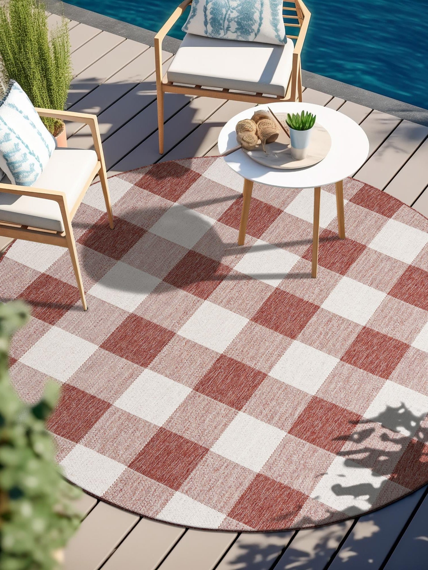 Red 6' 1 x 6' 1 Outdoor Checkered Round Area Rug Weather Resistant for Patio, Deck, Terrace, Balcony, Porch 100% Polypropylene Geometric Carpet for Sale at Rug Engine