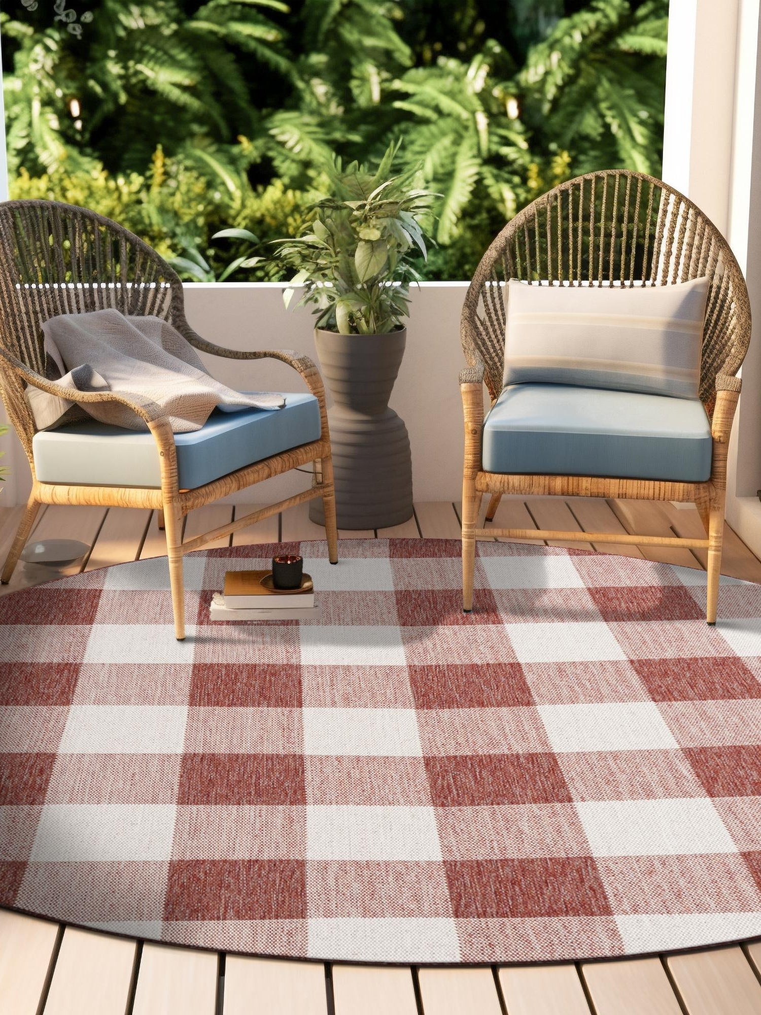 Red 6' 1 x 6' 1 Outdoor Checkered Round Area Rug Weather Resistant for Patio, Deck, Terrace, Balcony, Porch 100% Polypropylene Geometric Carpet for Sale at Rug Engine