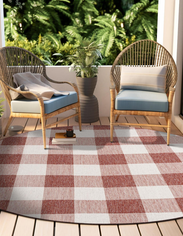 Red 6' 1 x 6' 1 Outdoor Checkered Round Area Rug Weather Resistant for Patio, Deck, Terrace, Balcony, Porch 100% Polypropylene Geometric Carpet for Sale at Rug Engine