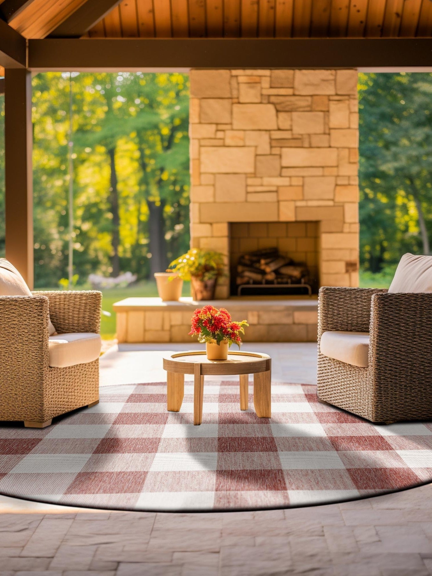 Red 7' 10 x 7' 10 Outdoor Checkered Round Area Rug Weather Resistant for Patio, Deck, Terrace, Balcony, Porch 100% Polypropylene Geometric Carpet for Sale at Rug Engine