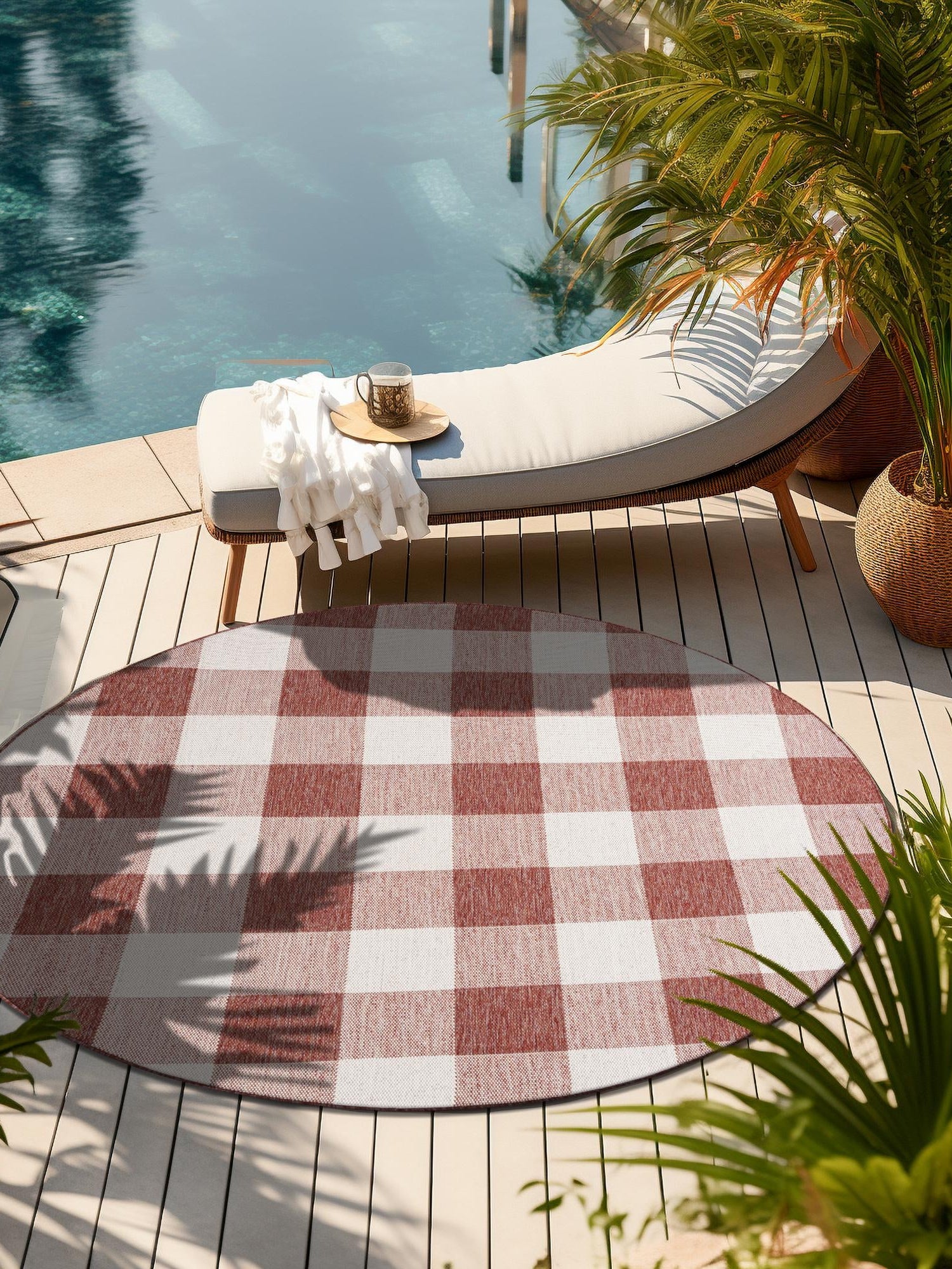 Red 6' 1 x 6' 1 Outdoor Checkered Round Area Rug Weather Resistant for Patio, Deck, Terrace, Balcony, Porch 100% Polypropylene Geometric Carpet for Sale at Rug Engine