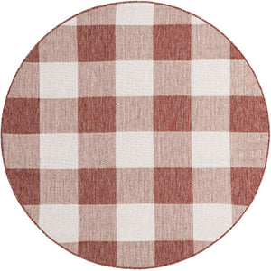 Red 6' 1 x 6' 1 Outdoor Checkered Round Area Rug Weather Resistant for Patio, Deck, Terrace, Balcony, Porch 100% Polypropylene Geometric Carpet for Sale at Rug Engine