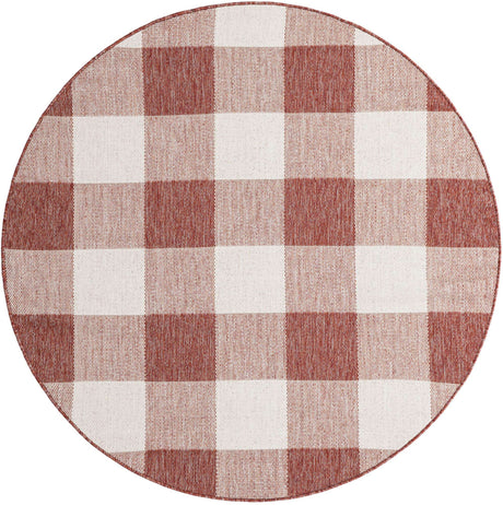Red 6' 1 x 6' 1 Outdoor Checkered Round Area Rug Weather Resistant for Patio, Deck, Terrace, Balcony, Porch 100% Polypropylene Geometric Carpet for Sale at Rug Engine