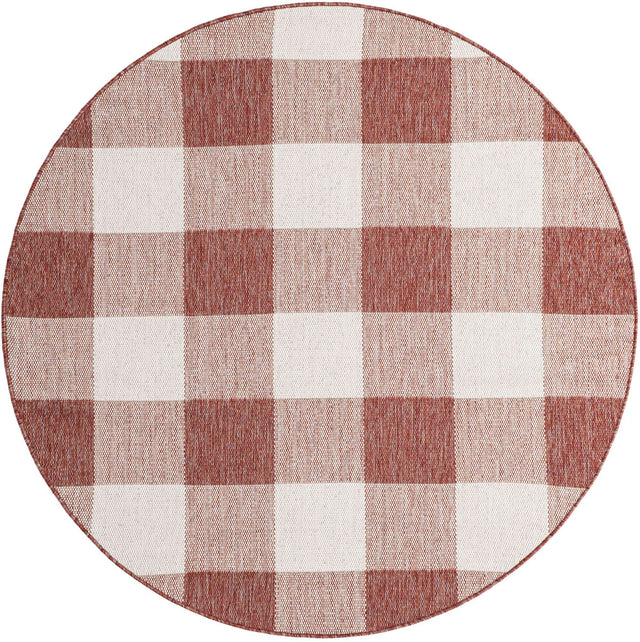Red 6' 1 x 6' 1 Outdoor Checkered Round Area Rug Weather Resistant for Patio, Deck, Terrace, Balcony, Porch 100% Polypropylene Geometric Carpet for Sale at Rug Engine