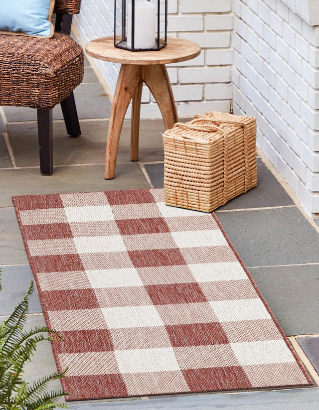 Red 2' x 6' 1 Outdoor Checkered Runner Area Rug Weather Resistant for Patio, Deck, Terrace, Balcony, Porch 100% Polypropylene Geometric Carpet for Sale at Rug Engine