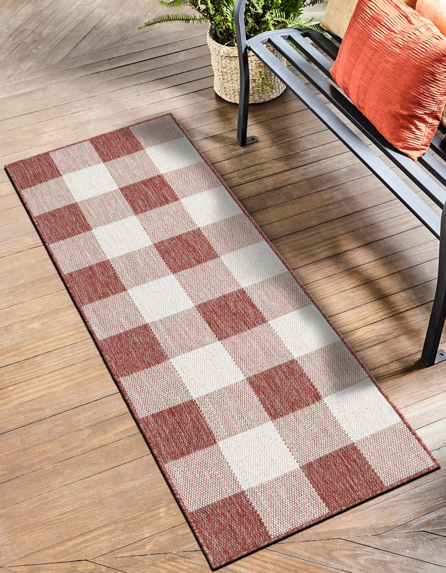 Red 2' x 6' 1 Outdoor Checkered Runner Area Rug Weather Resistant for Patio, Deck, Terrace, Balcony, Porch 100% Polypropylene Geometric Carpet for Sale at Rug Engine