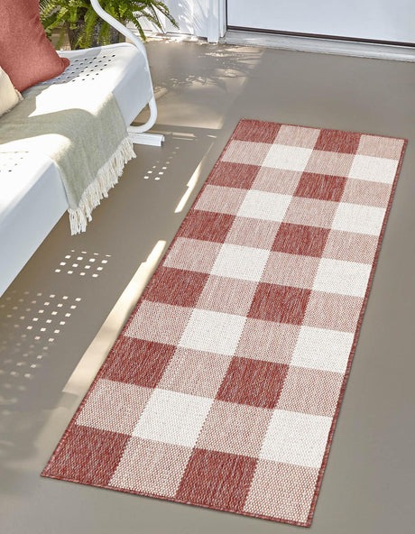 Red 2' x 6' 1 Outdoor Checkered Runner Area Rug Weather Resistant for Patio, Deck, Terrace, Balcony, Porch 100% Polypropylene Geometric Carpet for Sale at Rug Engine