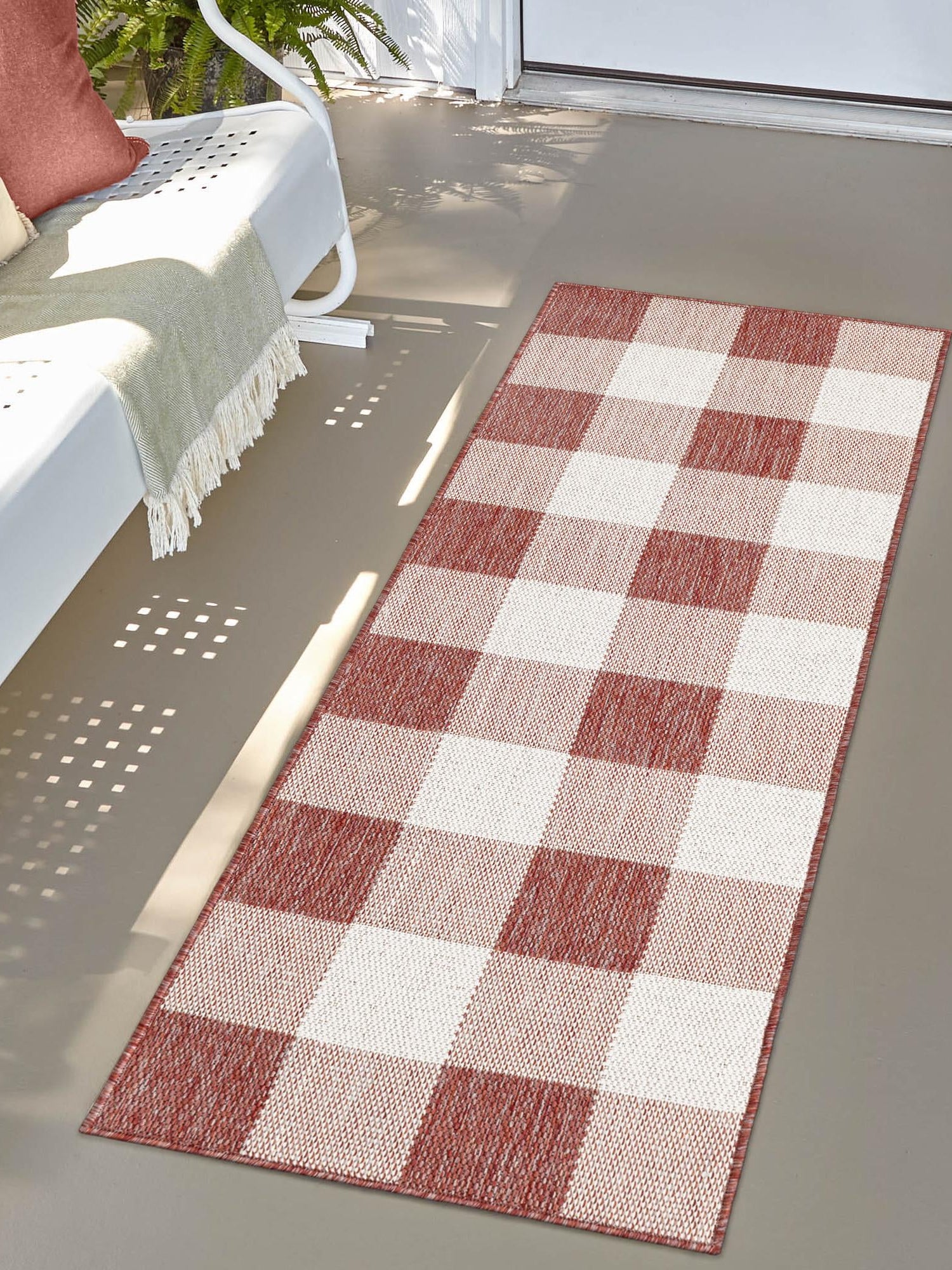 Red 2' 7 x 12' Outdoor Checkered Runner Area Rug Weather Resistant for Patio, Deck, Terrace, Balcony, Porch 100% Polypropylene Geometric Carpet for Sale at Rug Engine