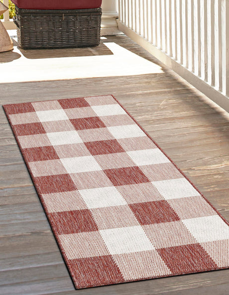 Red 2' x 6' 1 Outdoor Checkered Runner Area Rug Weather Resistant for Patio, Deck, Terrace, Balcony, Porch 100% Polypropylene Geometric Carpet for Sale at Rug Engine
