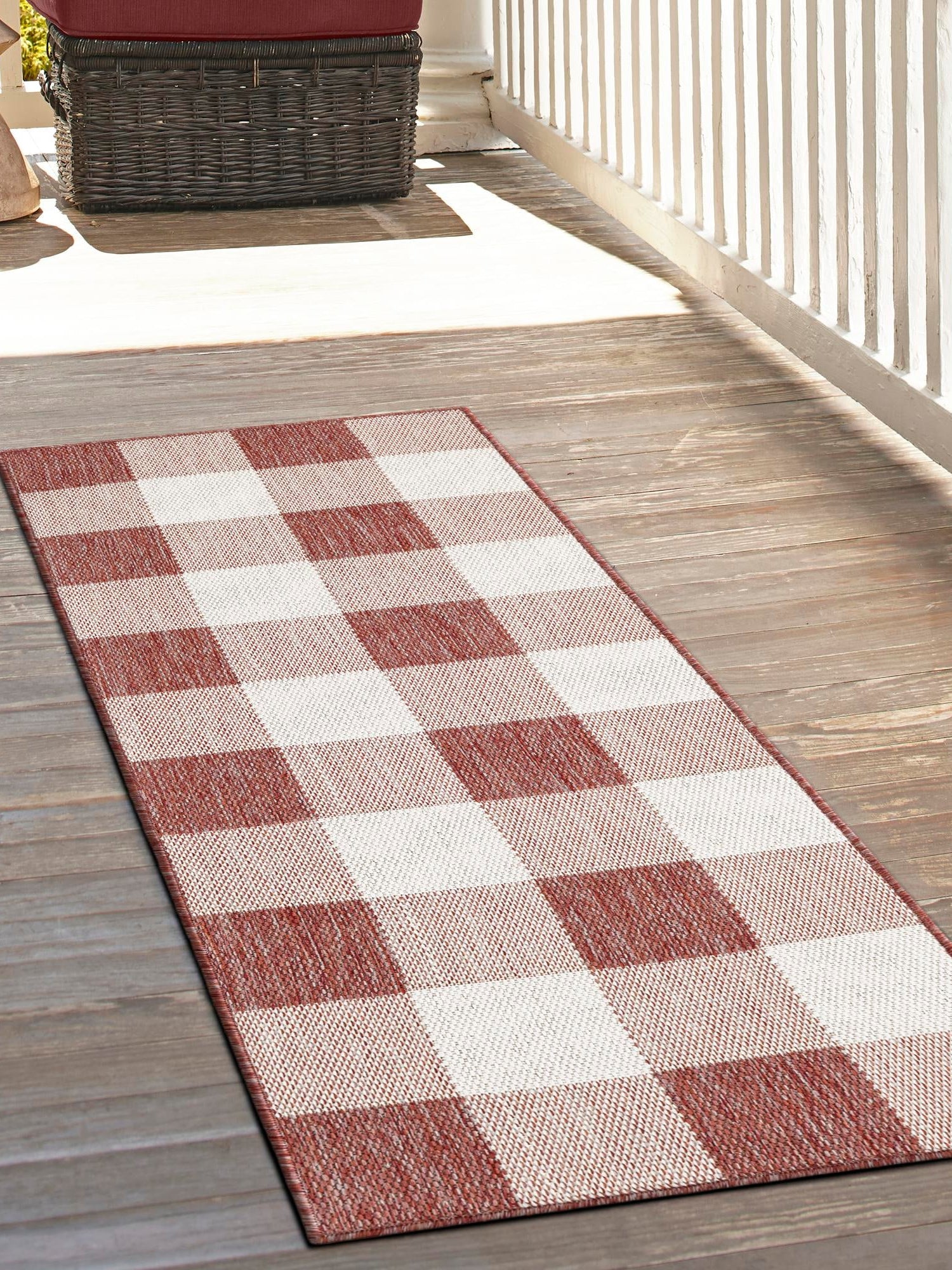 Red 2' 7 x 12' Outdoor Checkered Runner Area Rug Weather Resistant for Patio, Deck, Terrace, Balcony, Porch 100% Polypropylene Geometric Carpet for Sale at Rug Engine