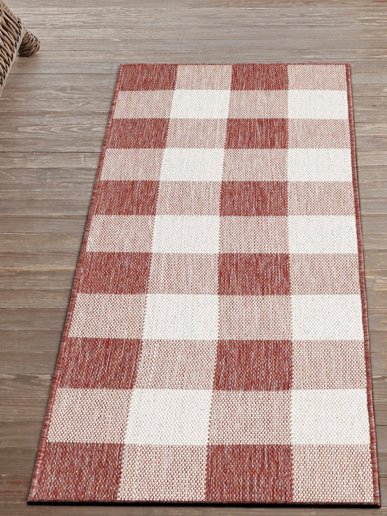 Red 2' x 5' 3 Outdoor Checkered Runner Area Rug Weather Resistant for Patio, Deck, Terrace, Balcony, Porch 100% Polypropylene Geometric Carpet for Sale at Rug Engine