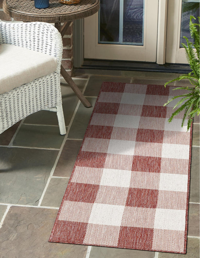 Red 2' x 6' 1 Outdoor Checkered Runner Area Rug Weather Resistant for Patio, Deck, Terrace, Balcony, Porch 100% Polypropylene Geometric Carpet for Sale at Rug Engine