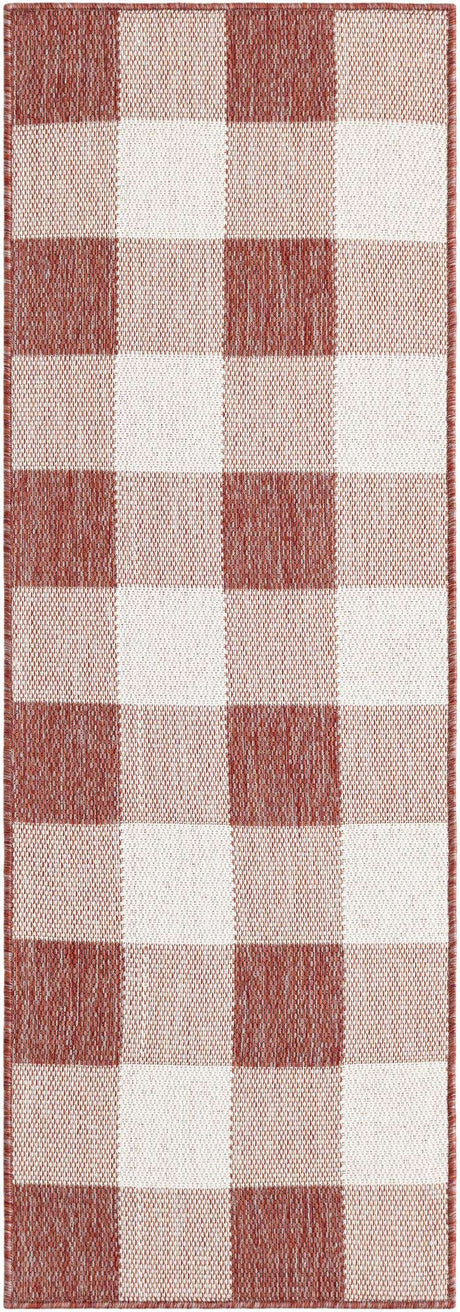 Red 2' x 6' 1 Outdoor Checkered Runner Area Rug Weather Resistant for Patio, Deck, Terrace, Balcony, Porch 100% Polypropylene Geometric Carpet for Sale at Rug Engine