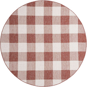 Red 7' 10 x 7' 10 Outdoor Checkered Round Area Rug Weather Resistant for Patio, Deck, Terrace, Balcony, Porch 100% Polypropylene Geometric Carpet for Sale at Rug Engine