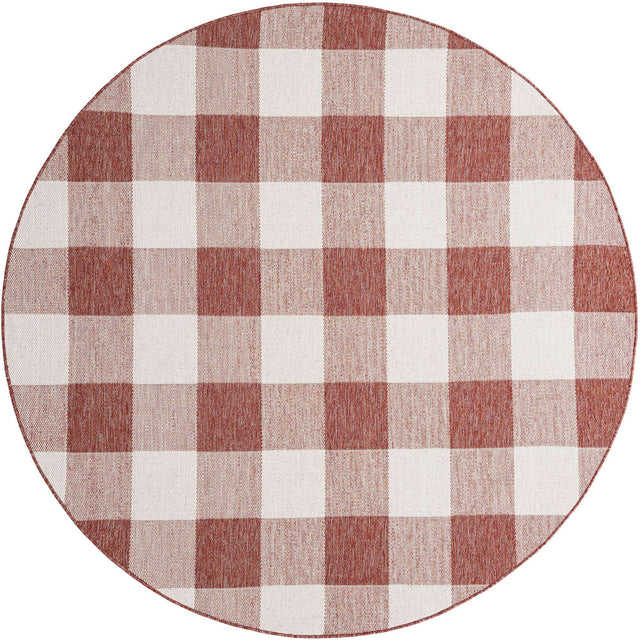 Red 7' 10 x 7' 10 Outdoor Checkered Round Area Rug Weather Resistant for Patio, Deck, Terrace, Balcony, Porch 100% Polypropylene Geometric Carpet for Sale at Rug Engine