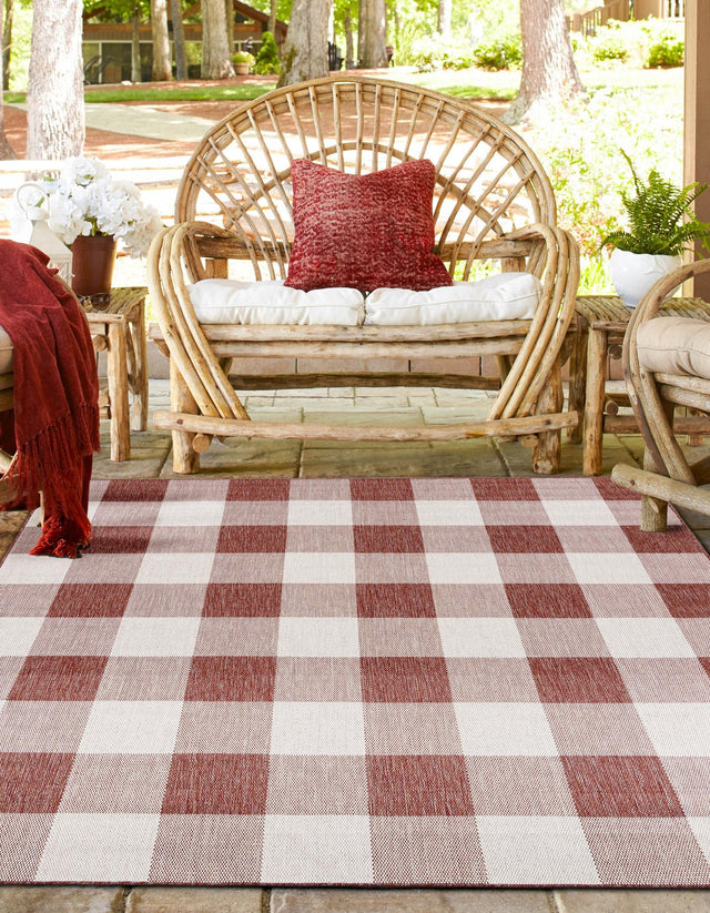 Red 10' x 10' Outdoor Checkered Square Area Rug Weather Resistant for Patio, Deck, Terrace, Balcony, Porch 100% Polypropylene Geometric Carpet for Sale at Rug Engine