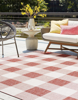 Red 10' x 10' Outdoor Checkered Square Area Rug Weather Resistant for Patio, Deck, Terrace, Balcony, Porch 100% Polypropylene Geometric Carpet for Sale at Rug Engine