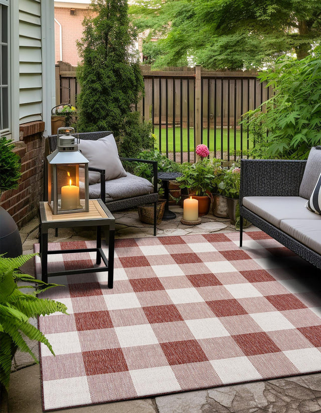 Red 10' x 10' Outdoor Checkered Square Area Rug Weather Resistant for Patio, Deck, Terrace, Balcony, Porch 100% Polypropylene Geometric Carpet for Sale at Rug Engine