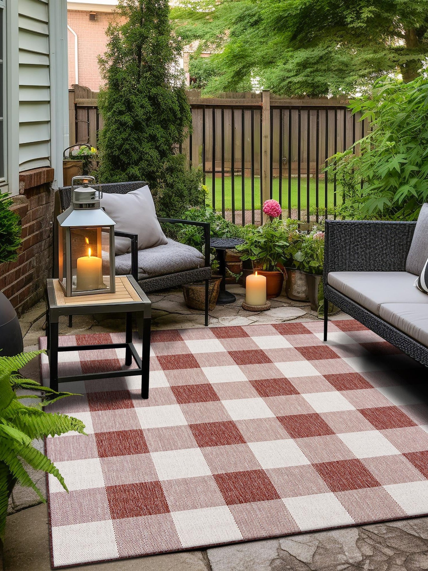 Red 7' 10 x 7' 10 Outdoor Checkered Square Area Rug Weather Resistant for Patio, Deck, Terrace, Balcony, Porch 100% Polypropylene Geometric Carpet for Sale at Rug Engine