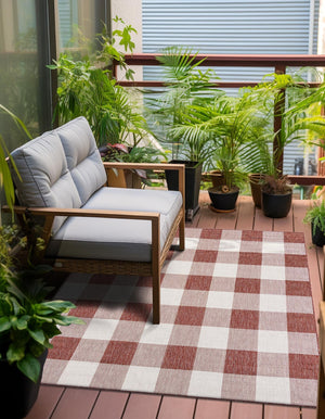 Red 10' x 10' Outdoor Checkered Square Area Rug Weather Resistant for Patio, Deck, Terrace, Balcony, Porch 100% Polypropylene Geometric Carpet for Sale at Rug Engine