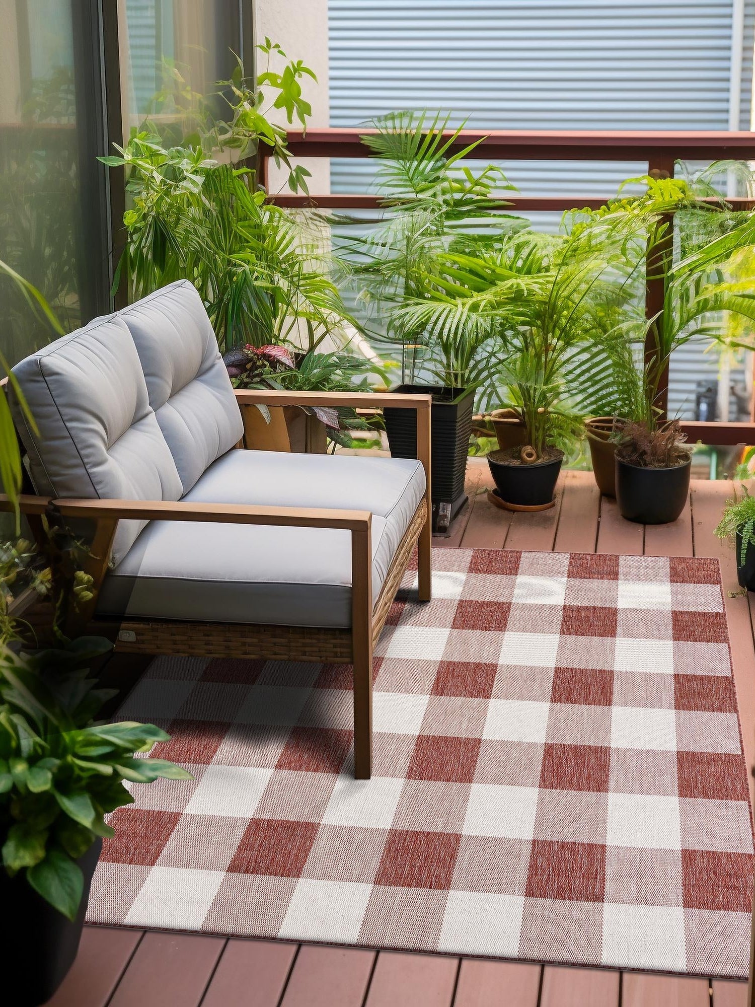 Red 7' 10 x 7' 10 Outdoor Checkered Square Area Rug Weather Resistant for Patio, Deck, Terrace, Balcony, Porch 100% Polypropylene Geometric Carpet for Sale at Rug Engine