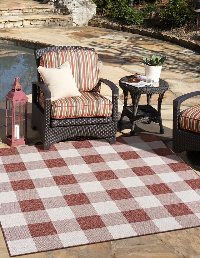 Red 10' x 10' Outdoor Checkered Square Area Rug Weather Resistant for Patio, Deck, Terrace, Balcony, Porch 100% Polypropylene Geometric Carpet for Sale at Rug Engine
