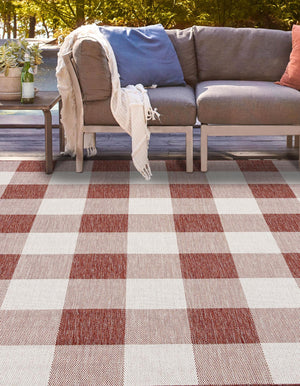 Red 10' x 10' Outdoor Checkered Square Area Rug Weather Resistant for Patio, Deck, Terrace, Balcony, Porch 100% Polypropylene Geometric Carpet for Sale at Rug Engine
