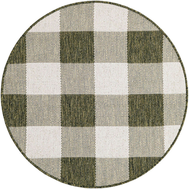 Green 3' 1 x 3' 1 Outdoor Checkered Round Area Rug Weather Resistant for Patio, Deck, Terrace, Balcony, Porch 100% Polypropylene Geometric Carpet for Sale at Rug Engine