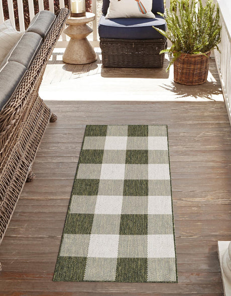 Green 2' x 8' Outdoor Checkered Runner Area Rug Weather Resistant for Patio, Deck, Terrace, Balcony, Porch 100% Polypropylene Geometric Carpet for Sale at Rug Engine