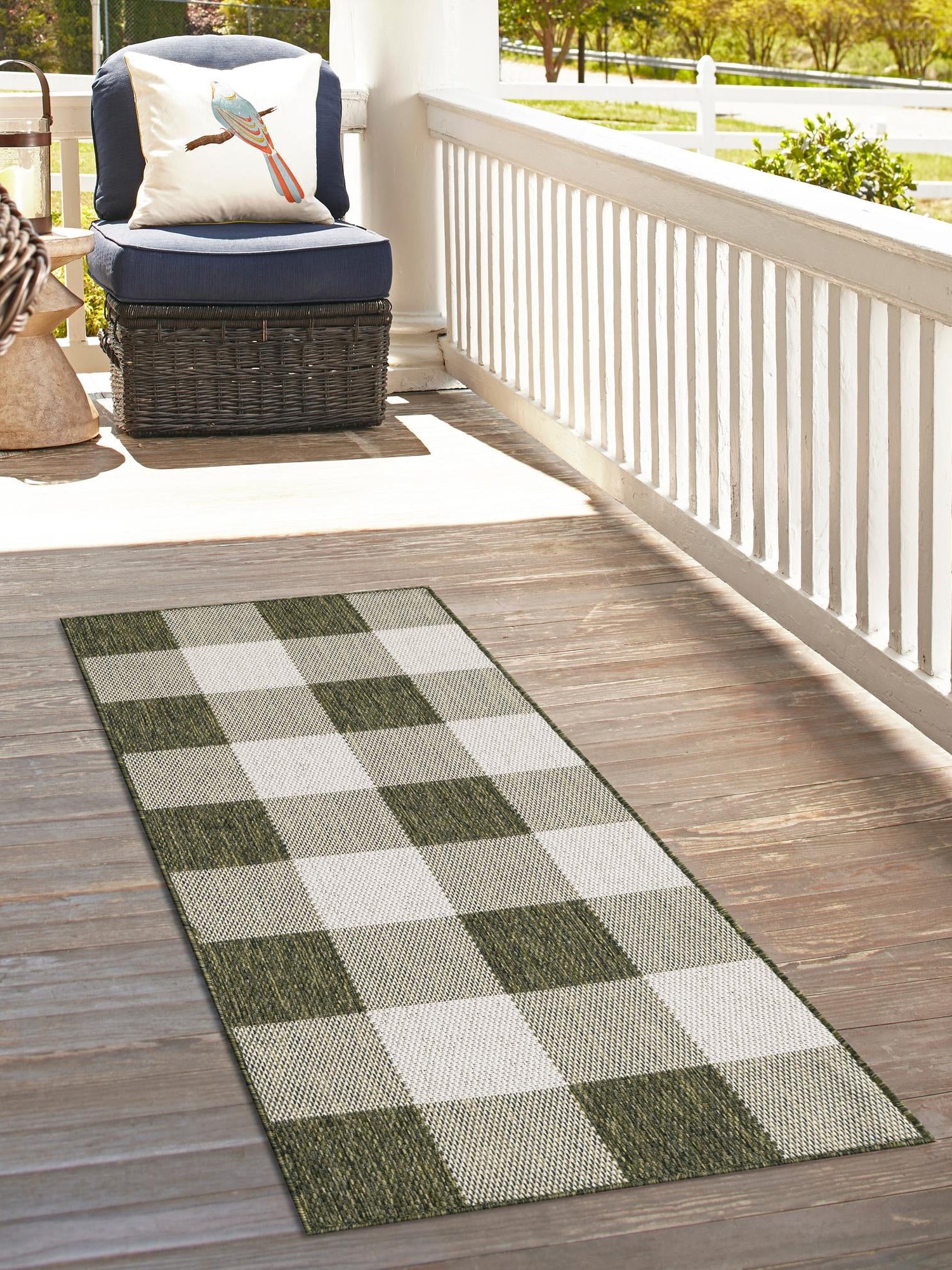 Green 2' x 8' Outdoor Checkered Runner Area Rug Weather Resistant for Patio, Deck, Terrace, Balcony, Porch 100% Polypropylene Geometric Carpet for Sale at Rug Engine