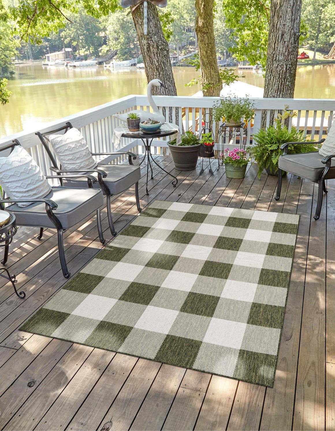 Green 9' x 12' Outdoor Checkered Rectangle Area Rug Weather Resistant for Patio, Deck, Terrace, Balcony, Porch 100% Polypropylene Geometric Carpet for Sale at Rug Engine
