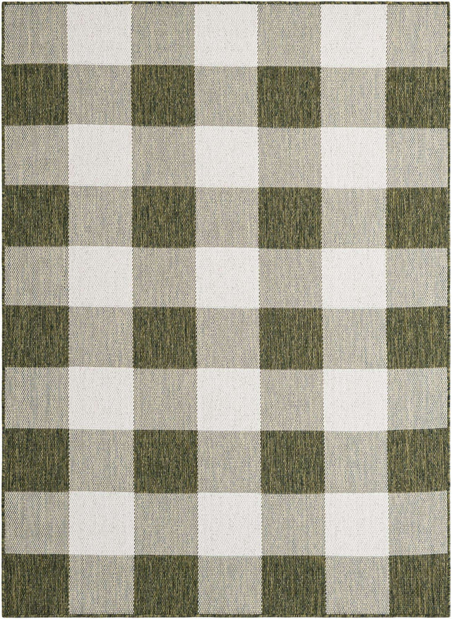 Green 5' 3 x 7' 1 Outdoor Checkered Rectangle Area Rug Weather Resistant for Patio, Deck, Terrace, Balcony, Porch 100% Polypropylene Geometric Carpet for Sale at Rug Engine