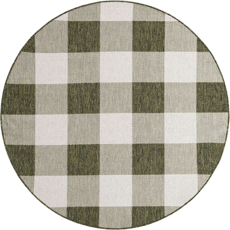 Green 6' 1 x 6' 1 Outdoor Checkered Round Area Rug Weather Resistant for Patio, Deck, Terrace, Balcony, Porch 100% Polypropylene Geometric Carpet for Sale at Rug Engine