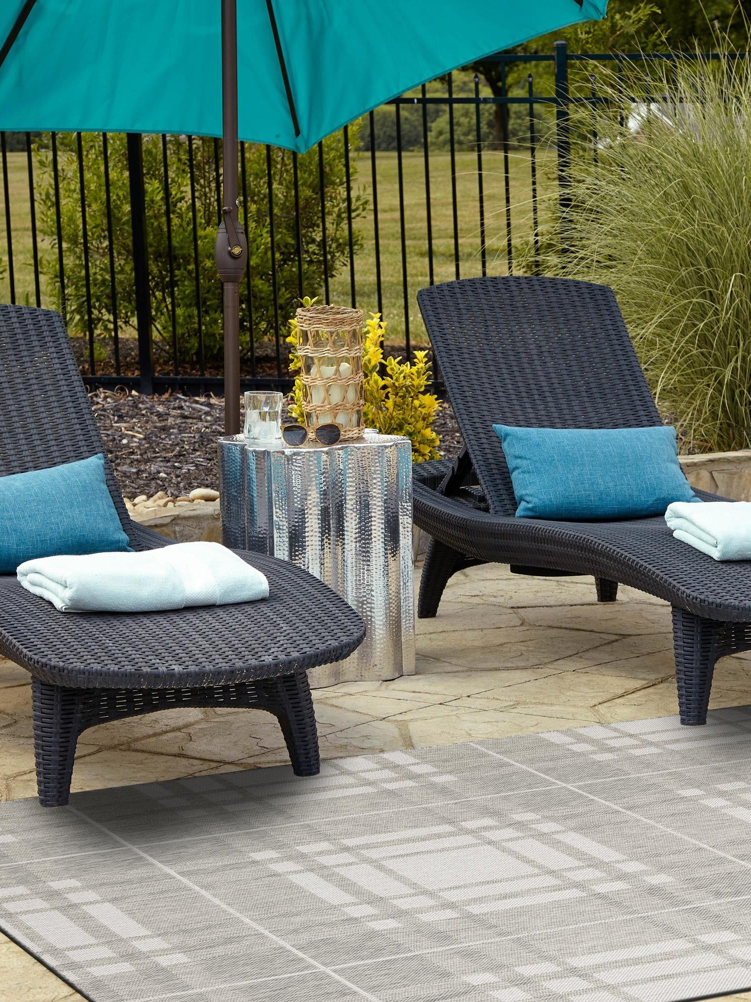 Gray 6' 1 x 9' Outdoor Checkered Rectangle Area Rug Weather Resistant for Patio, Deck, Terrace, Balcony, Porch 100% Polypropylene Geometric Carpet for Sale at Rug Engine