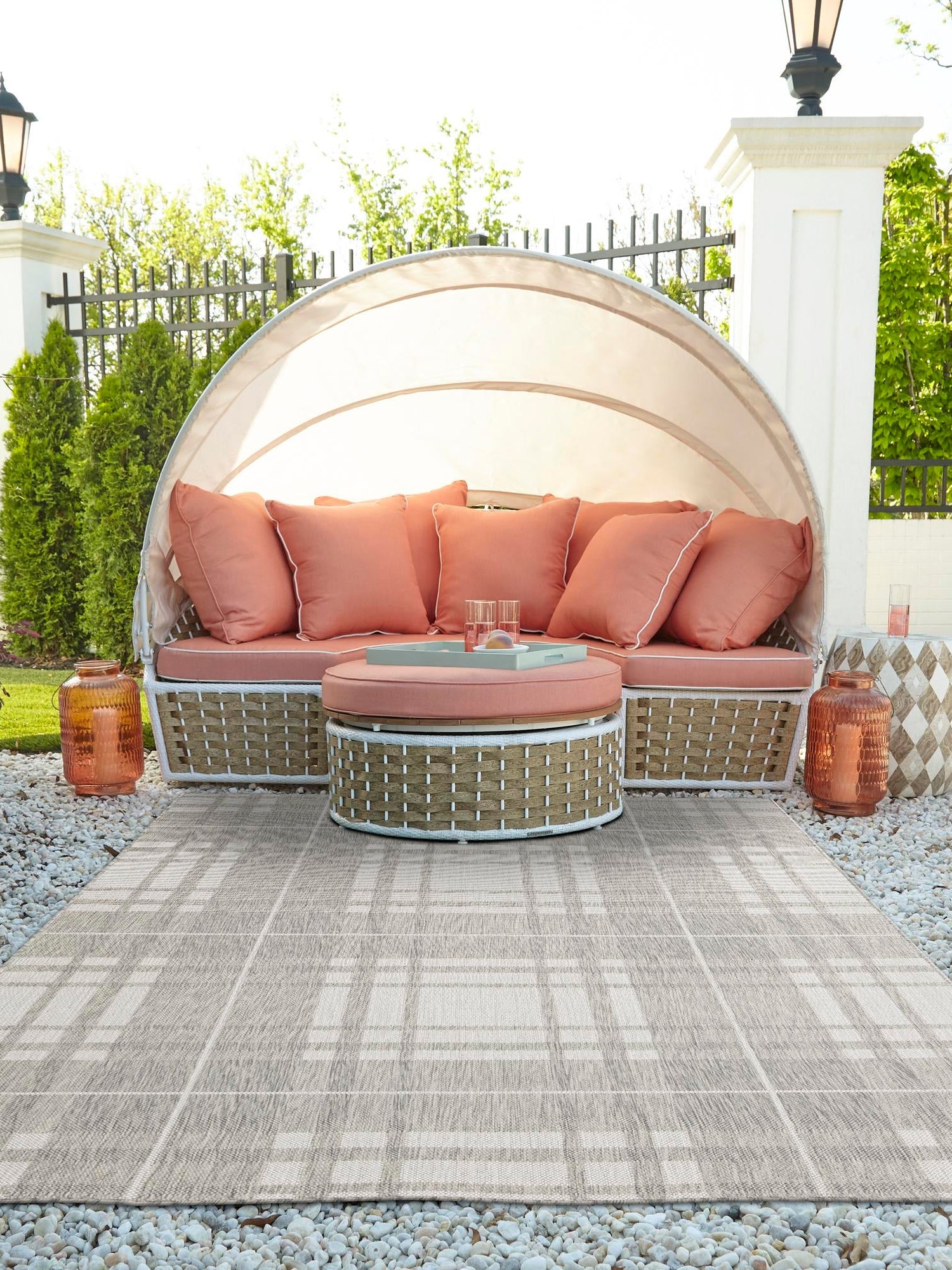 Gray 6' 1 x 9' Outdoor Checkered Rectangle Area Rug Weather Resistant for Patio, Deck, Terrace, Balcony, Porch 100% Polypropylene Geometric Carpet for Sale at Rug Engine