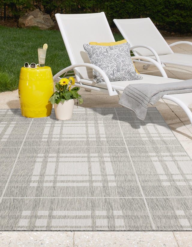 Gray 6' 1 x 9' Outdoor Checkered Rectangle Area Rug Weather Resistant for Patio, Deck, Terrace, Balcony, Porch 100% Polypropylene Geometric Carpet for Sale at Rug Engine