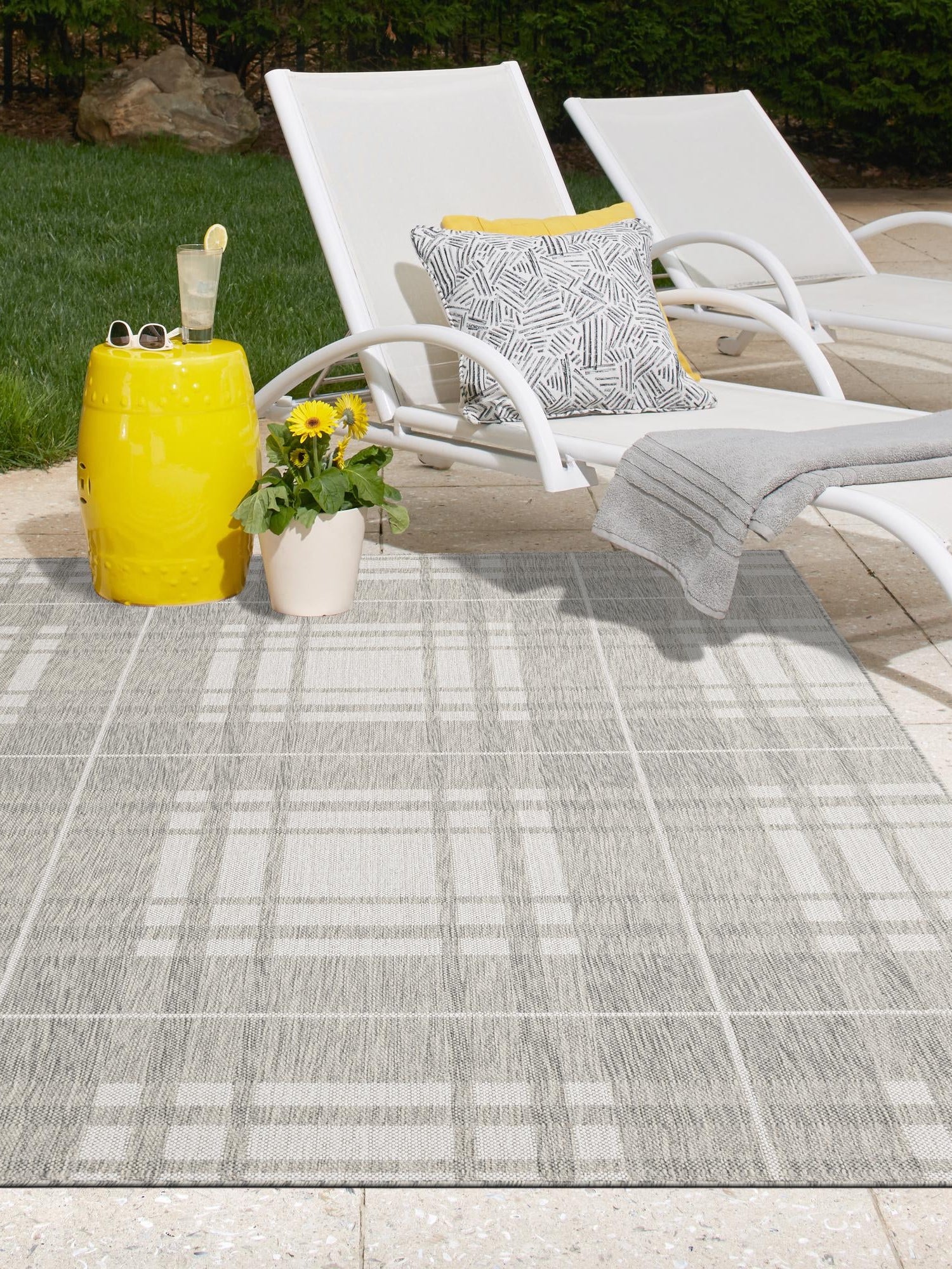 Gray 5' 3 x 7' 1 Outdoor Checkered Rectangle Area Rug Weather Resistant for Patio, Deck, Terrace, Balcony, Porch 100% Polypropylene Geometric Carpet for Sale at Rug Engine
