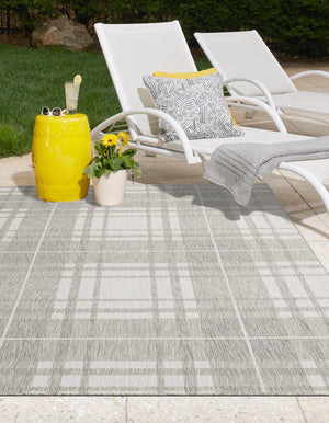 Gray 5' 3 x 7' 1 Outdoor Checkered Rectangle Area Rug Weather Resistant for Patio, Deck, Terrace, Balcony, Porch 100% Polypropylene Geometric Carpet for Sale at Rug Engine