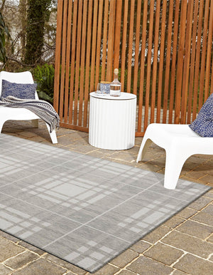 Gray 5' 3 x 7' 1 Outdoor Checkered Rectangle Area Rug Weather Resistant for Patio, Deck, Terrace, Balcony, Porch 100% Polypropylene Geometric Carpet for Sale at Rug Engine