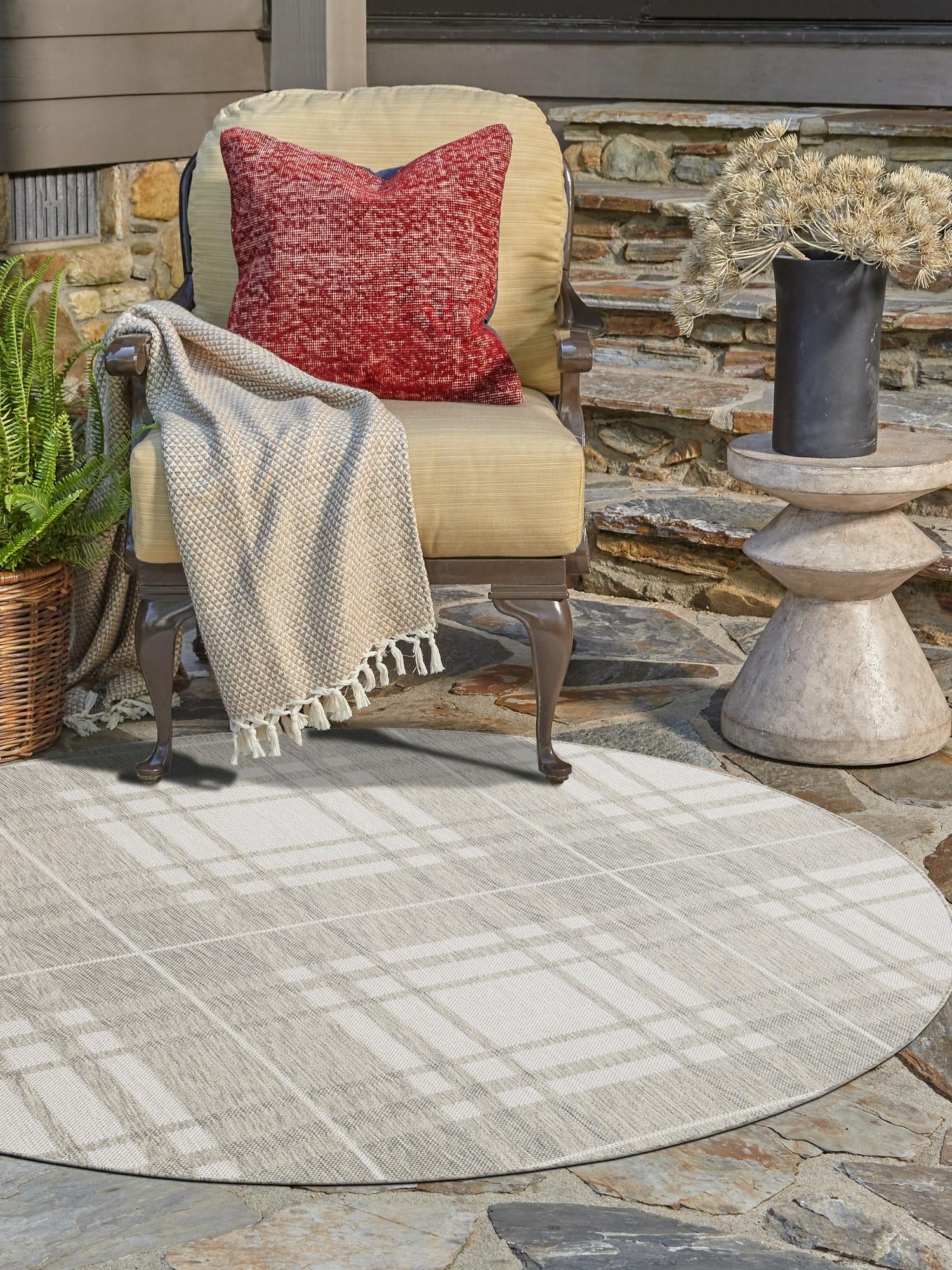 Gray 3' 1 x 3' 1 Outdoor Checkered Round Area Rug Weather Resistant for Patio, Deck, Terrace, Balcony, Porch 100% Polypropylene Geometric Carpet for Sale at Rug Engine