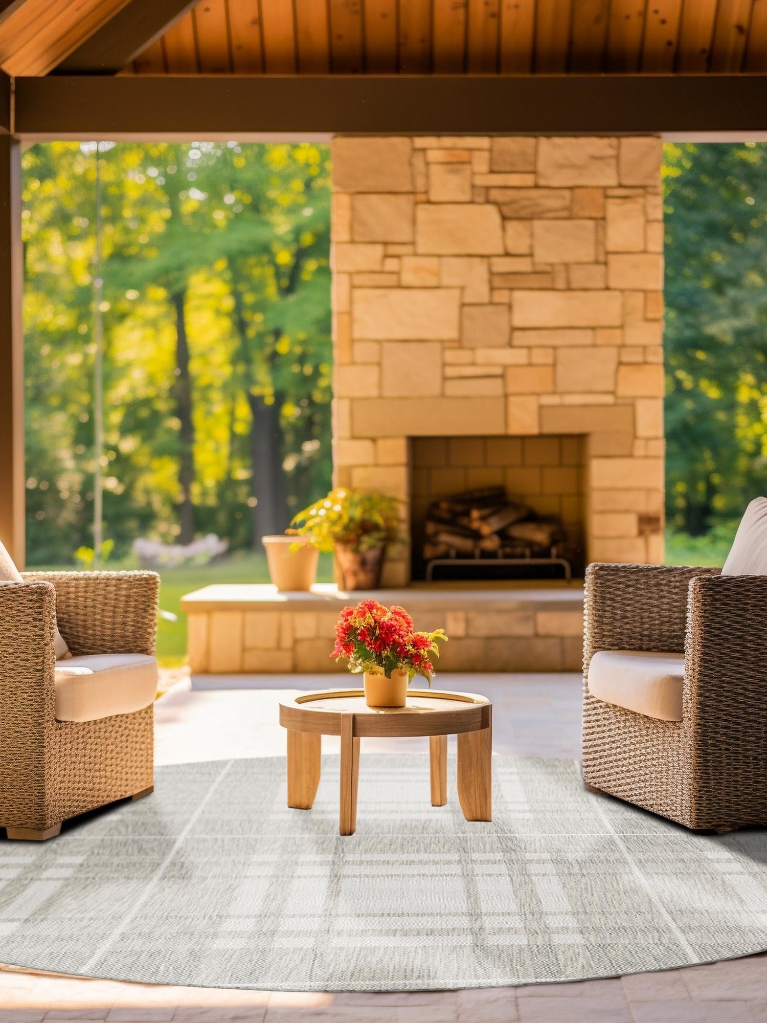 Gray 6' 1 x 6' 1 Outdoor Checkered Round Area Rug Weather Resistant for Patio, Deck, Terrace, Balcony, Porch 100% Polypropylene Geometric Carpet for Sale at Rug Engine