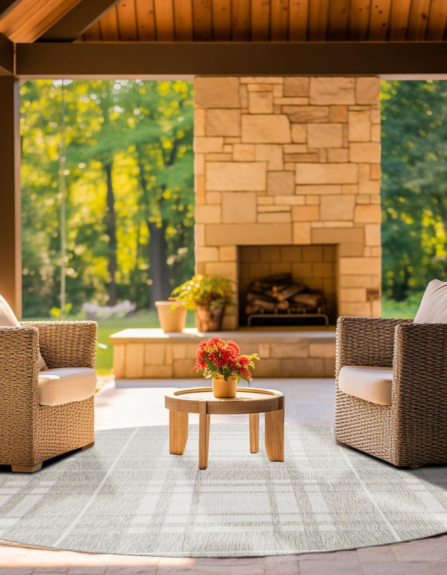 Gray 6' 1 x 6' 1 Outdoor Checkered Round Area Rug Weather Resistant for Patio, Deck, Terrace, Balcony, Porch 100% Polypropylene Geometric Carpet for Sale at Rug Engine